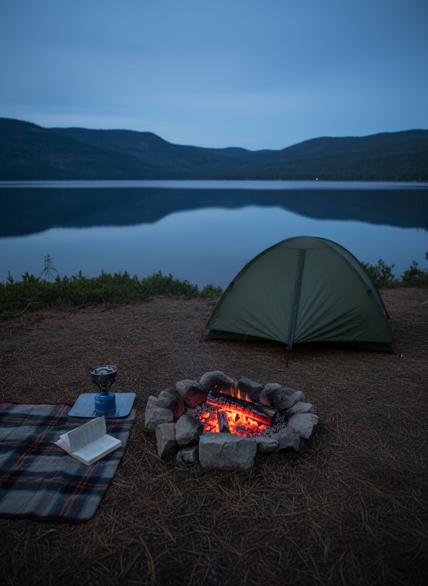A serene lakeshore campsite at blue hour, a small, neatly pitched olive-green tent set back from the water on a flat patch of pine needles. In front of the tent, a simple fire ring glows with low, ember-red coals beside a compact camp stove and a dog-eared paperback book resting on a folded wool blanket. The lake is glassy and still, reflecting the last deep indigo of the sky and a faint silhouette of mountains. Natural, dim evening light mingles with the warm glow of the embers, creating a quiet, reflective mood. Photographic realism, shot from a slightly elevated angle with balanced composition, capturing both the intimate campsite details and the expansive, tranquil water.