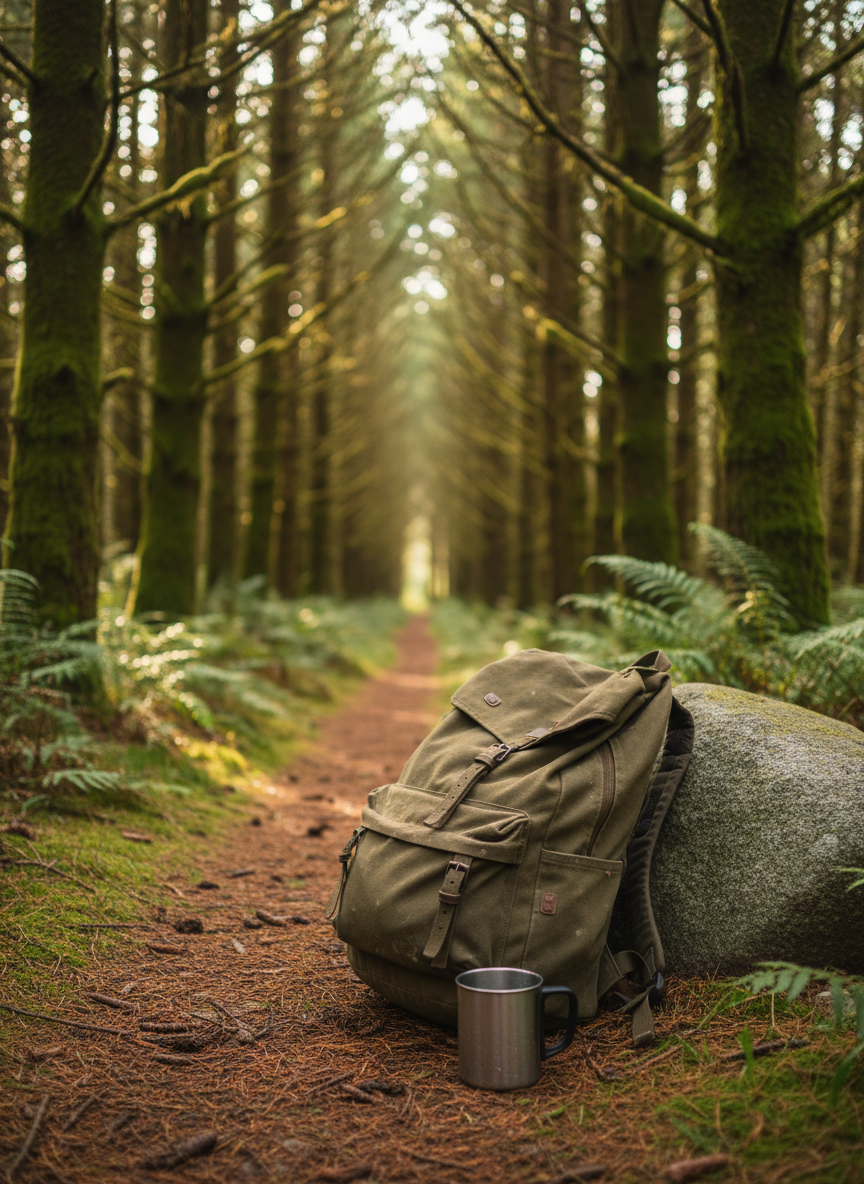 A narrow forest trail winding gently between tall, moss-covered pines, the path edged with ferns and scattered fallen needles. In the foreground, a well-worn canvas backpack leans against a smooth boulder, next to a stainless steel camping mug still beaded with condensation. Soft early-morning light filters through the canopy, creating delicate rays and dappled patterns on the ground. The atmosphere feels calm and contemplative, with muted natural greens and browns. Photographic realism, shot at eye level using a shallow depth of field so the backpack and mug are in crisp focus while the distant trail dissolves into a soft, inviting blur, evoking the start of a thoughtful day in nature.