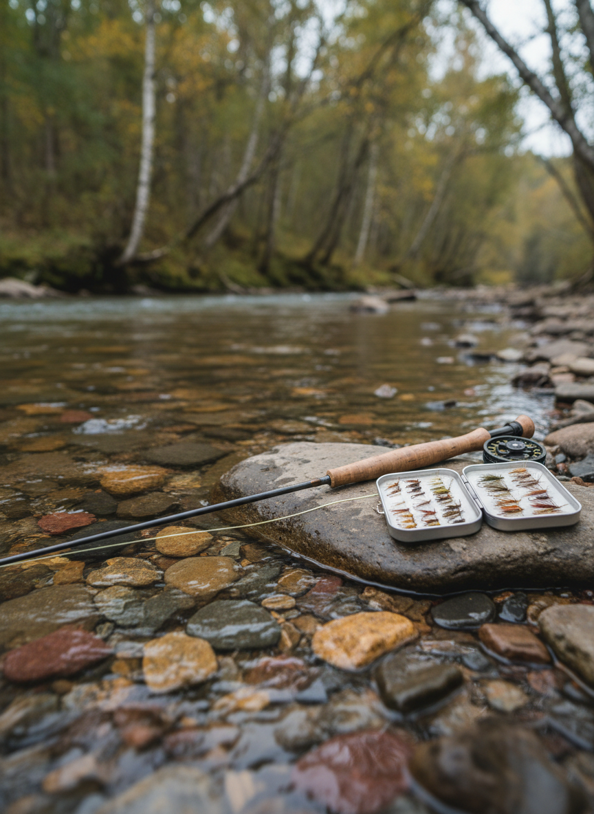 A rocky riverbank with clear, shallow water flowing over smooth, multicolored stones, a single graphite fly-fishing rod resting carefully across a flat rock. A small, open fly box reveals an organized row of delicate, hand-tied flies in earthy tones of olive, rust, and cream. The background shows a blurred line of alders and birches leaning over the water. Soft overcast daylight creates even, diffused lighting that enhances the subtle textures of water, stone, and feather. The mood is unhurried and meditative. Photographic realism, captured from a low angle close to the water’s surface, with a moderate depth of field keeping the rod and flies sharply defined while the river’s upstream stretch fades gently into softness.