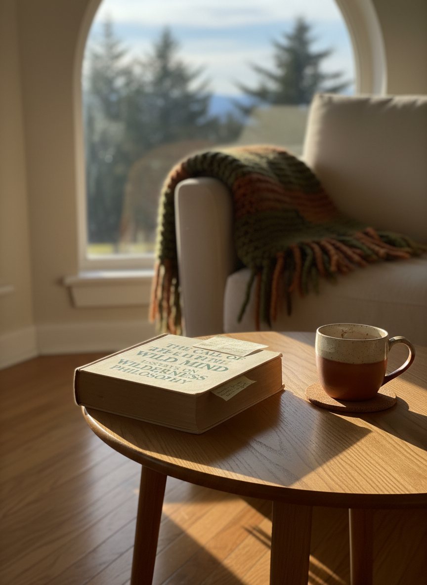 A sunlit living room corner with a large, well-thumbed hardcover book about wilderness philosophy lying open on a simple oak coffee table. Beside it, a ceramic mug with faint tea stains rests on a cork coaster, and a neatly folded, earth-toned knitted throw drapes over the arm of a nearby armchair. Through a wide window, a hint of distant trees and sky is softly out of focus. Late afternoon natural light pours in, casting long, gentle shadows and warm highlights on the wood grain. The atmosphere is reflective and intellectual yet cozy. Photographic realism, shot from a slightly elevated three-quarter angle, using a shallow depth of field to emphasize the book and mug as a quiet moment of everyday contemplation.